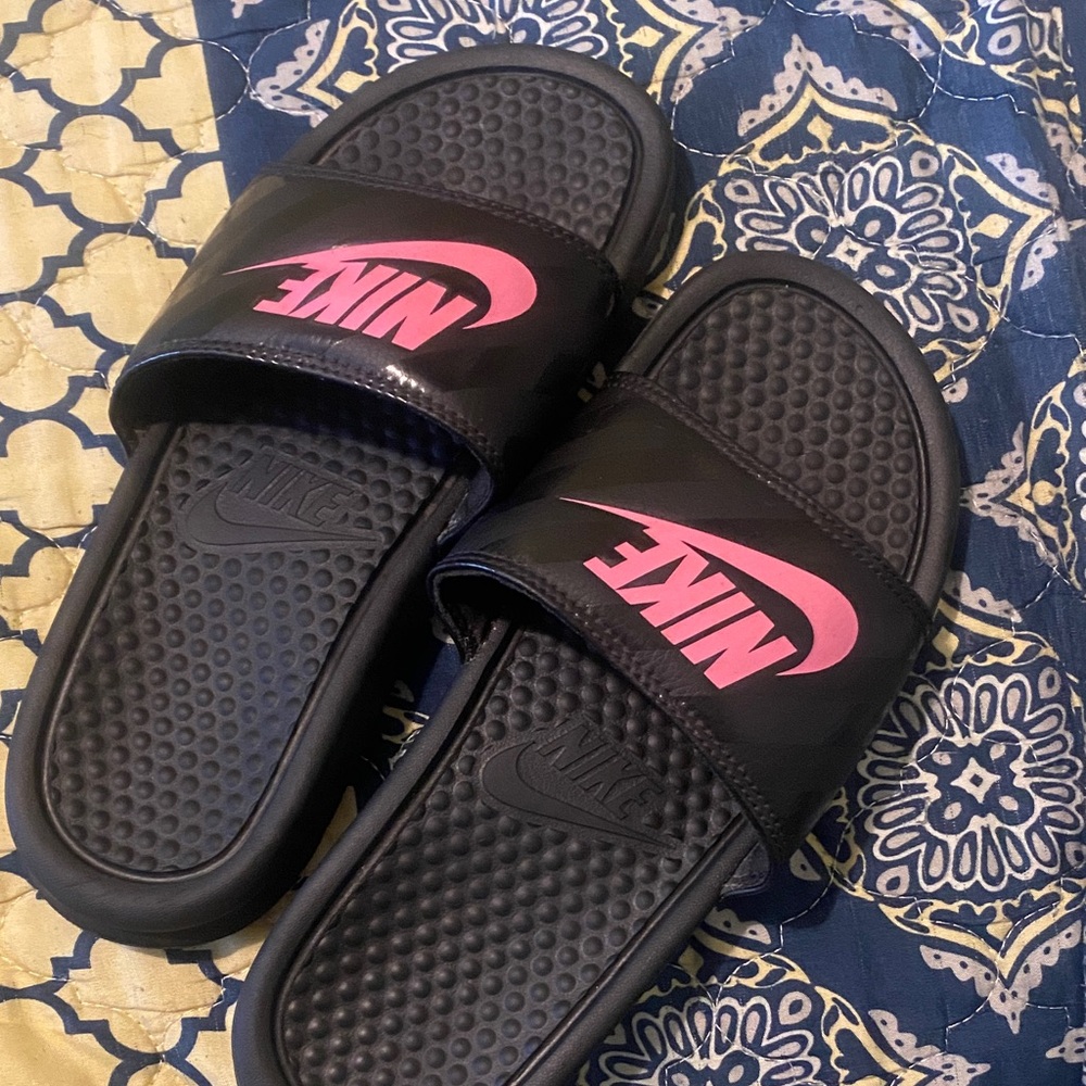 Nike Black Slides with Pink Logo